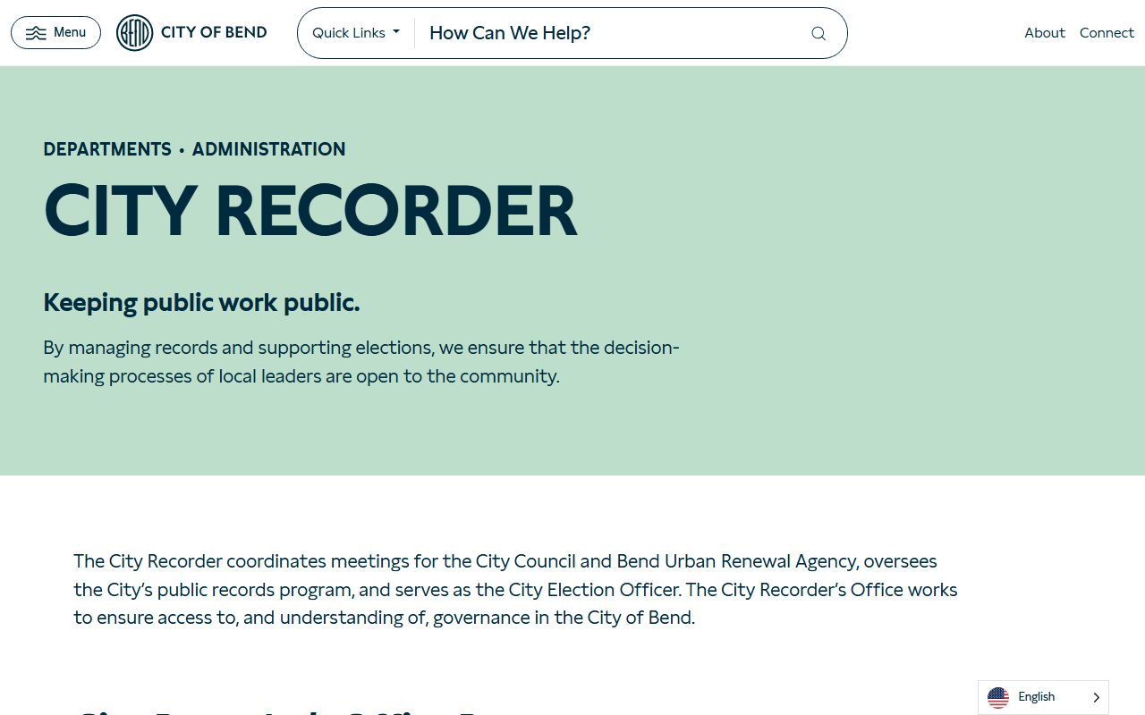 Bend City Recorder office for public records requests and civil documents
