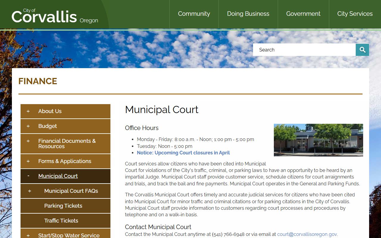 Corvallis Municipal Court page for civil court records and case information