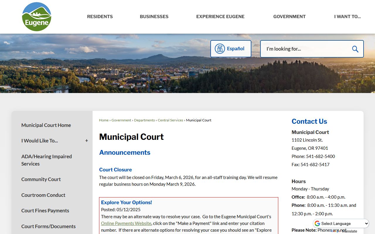 Eugene Municipal Court building where civil court records are filed