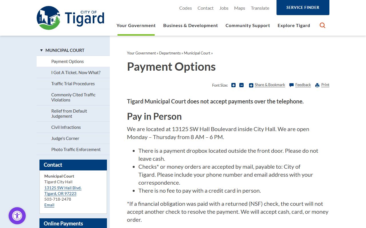Tigard Municipal Court payment options page for civil court records