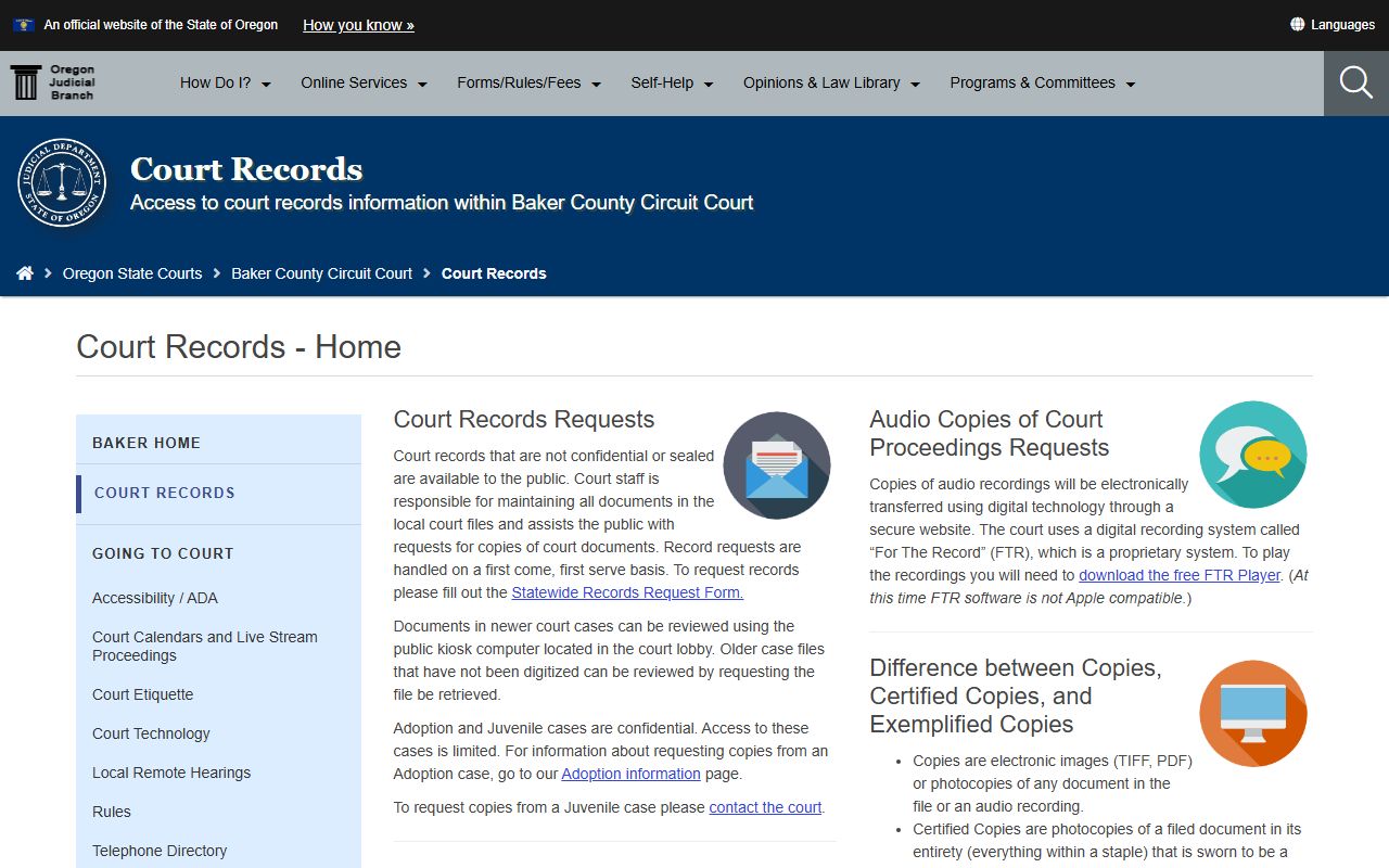 Baker County court records page for civil court records access