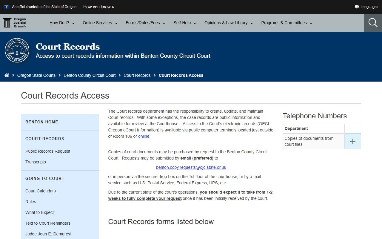 Benton County court records access page for civil court records