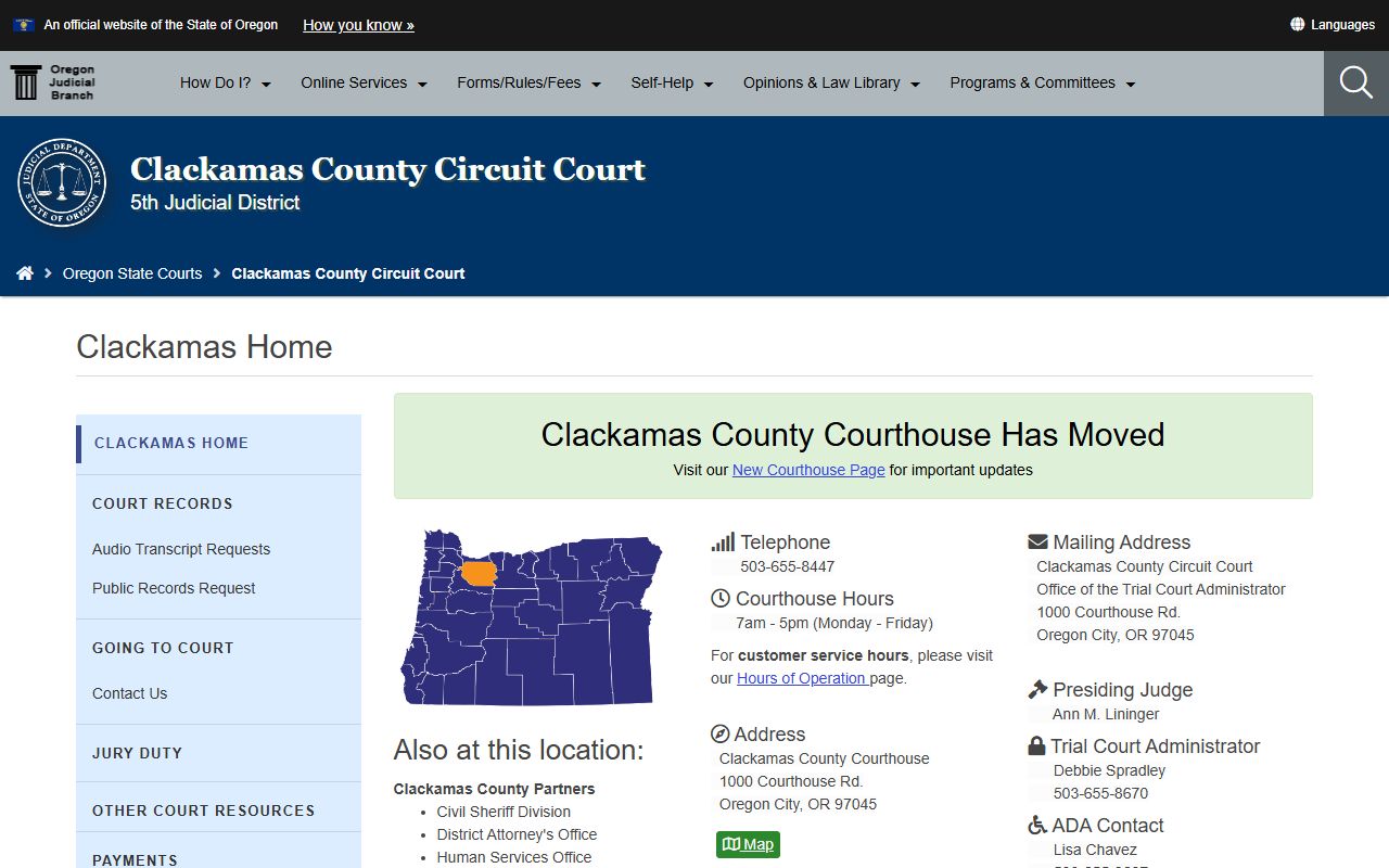 Clackamas County Circuit Court website for civil court records