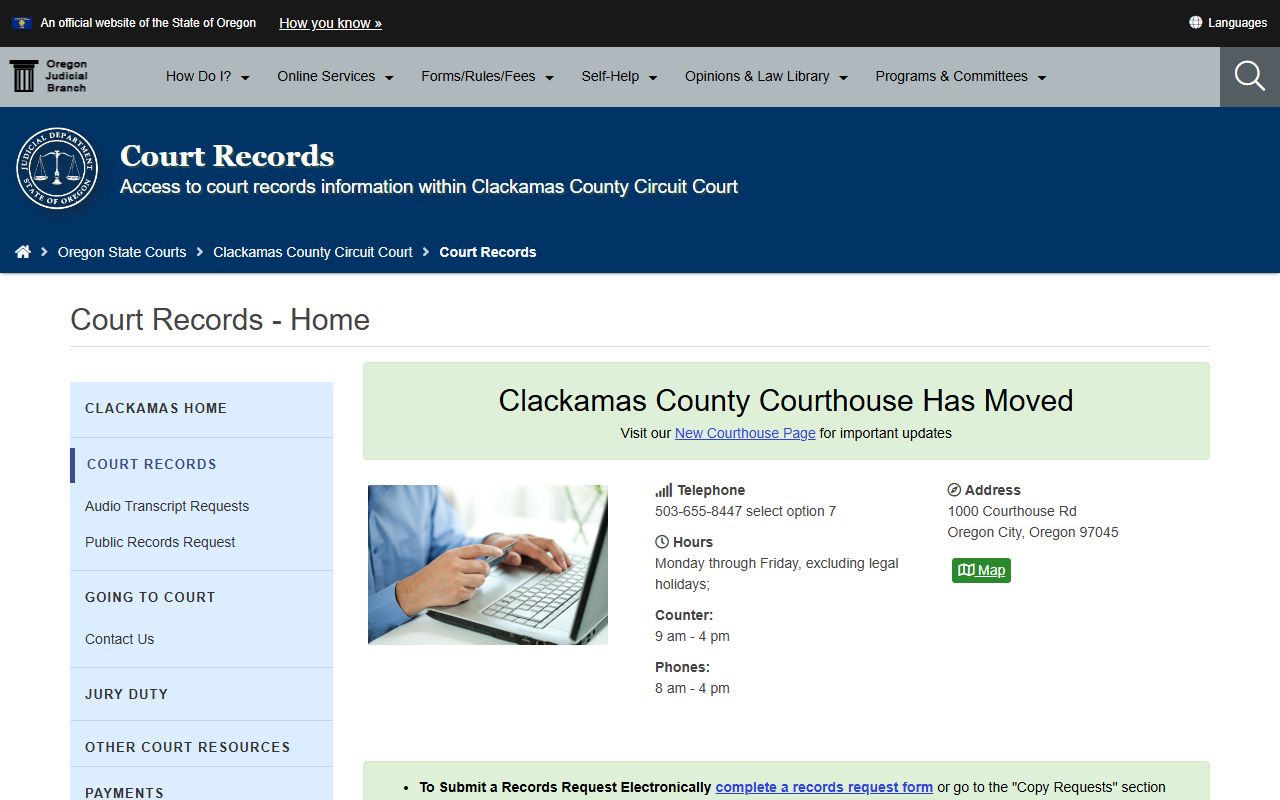 Clackamas County court records access page for civil cases