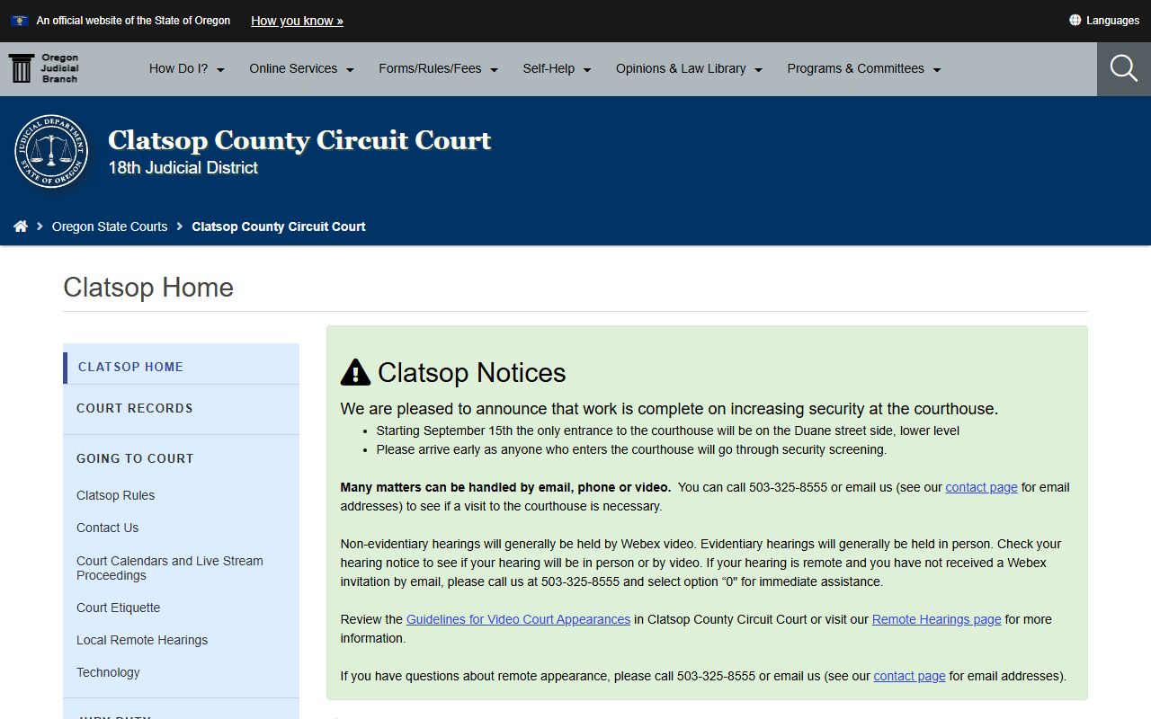 Clatsop County Circuit Court website for civil court records