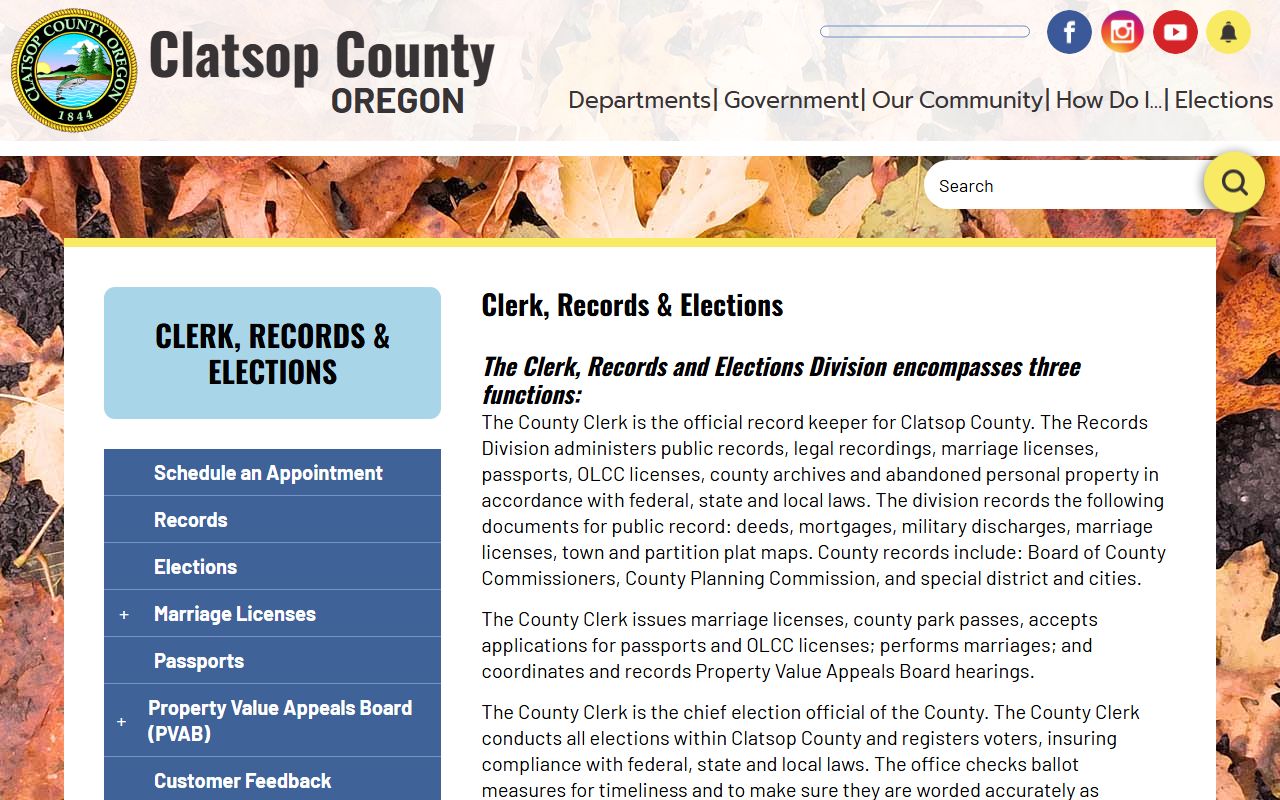 Clatsop County Clerk office page for public records