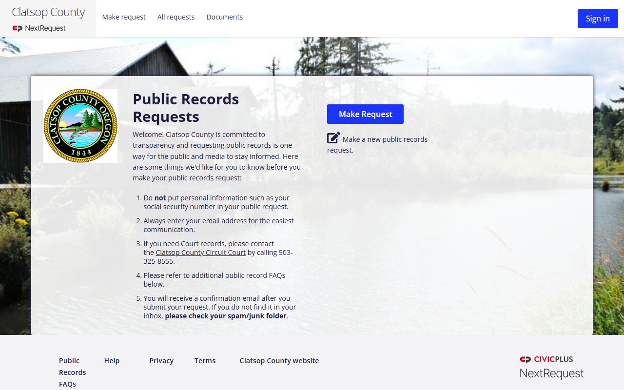 Clatsop County NextRequest portal for records requests