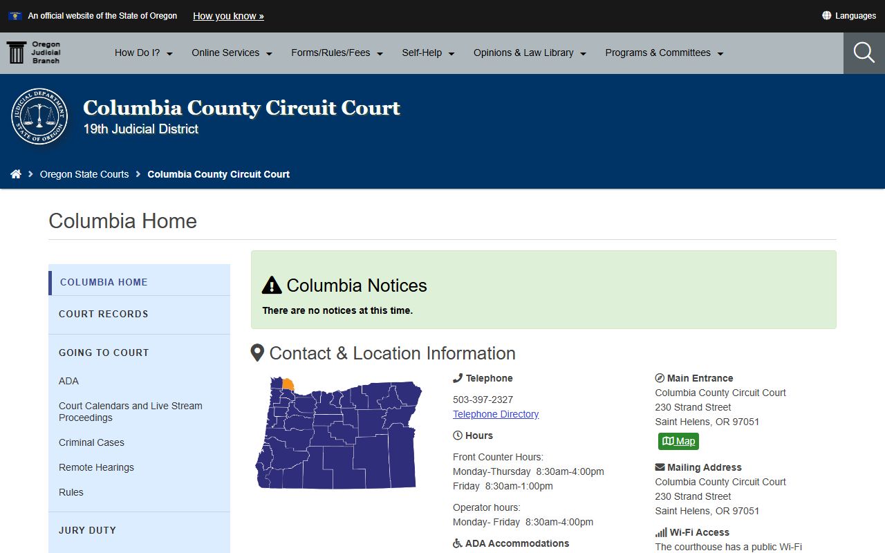 Columbia County Circuit Court website showing civil court records information