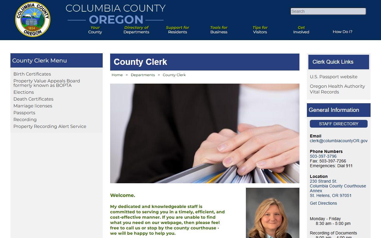 Columbia County Clerk office page for civil court records and public documents