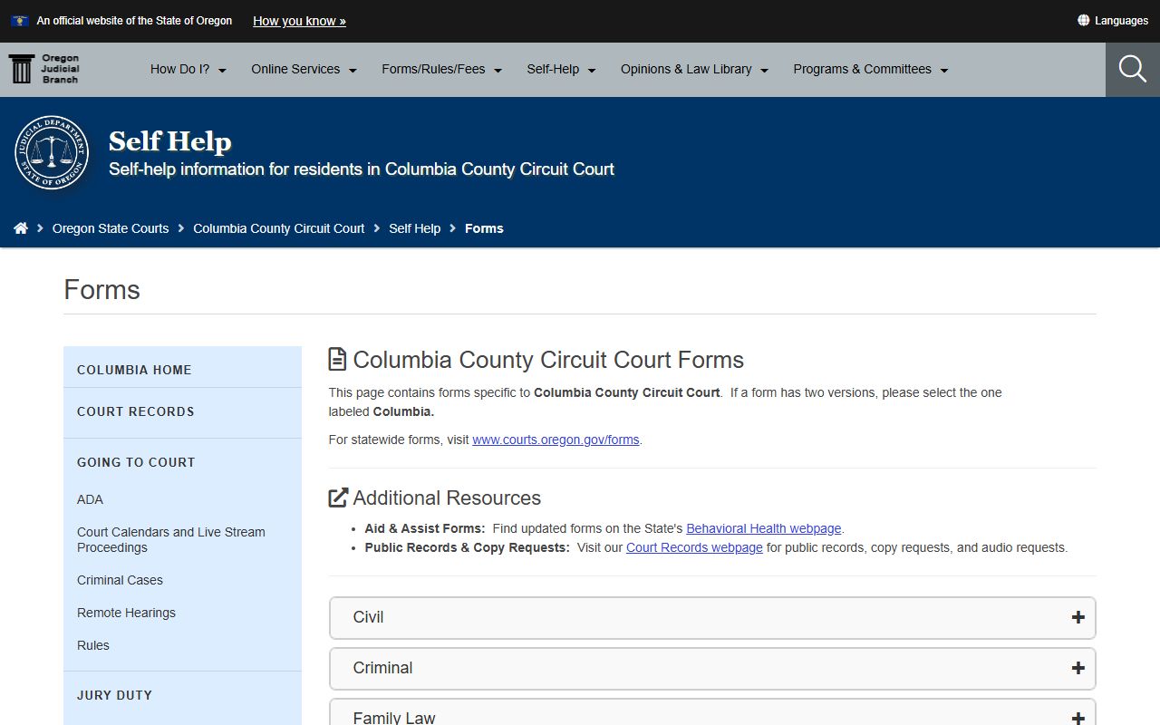 Columbia County court forms page for civil court records filings