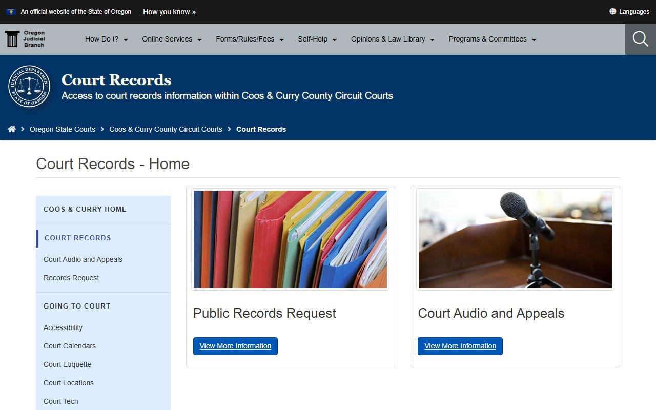 Coos County court records page for searching civil court records online