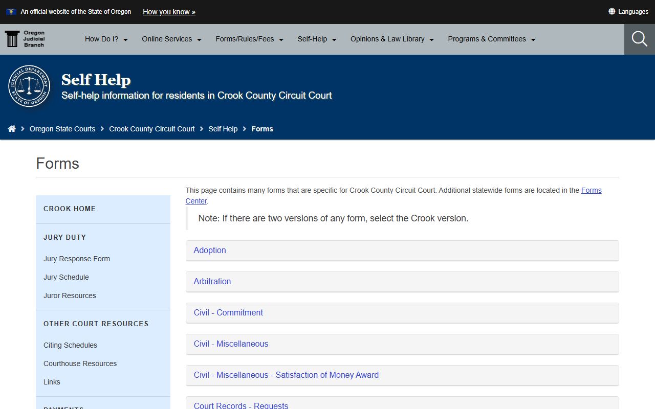 Crook County court forms page for civil court records and case filings
