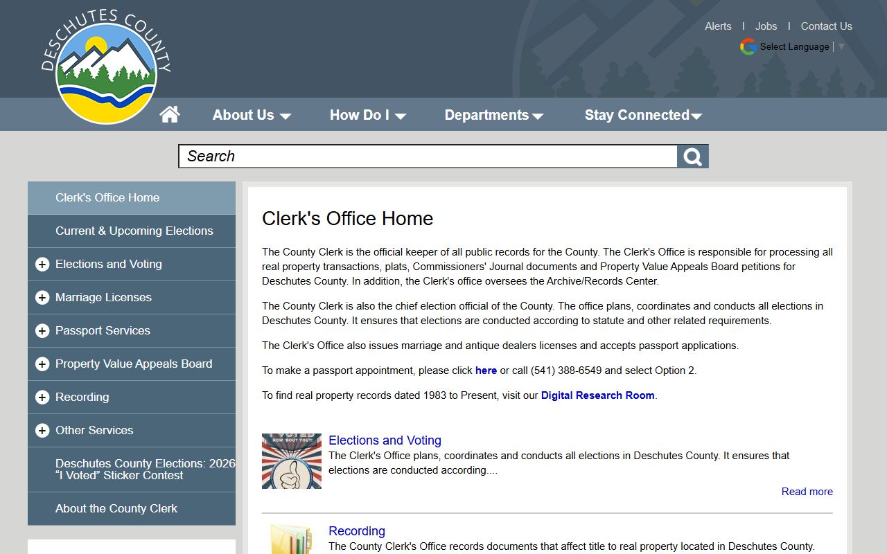 Deschutes County Clerk office website with property and civil records