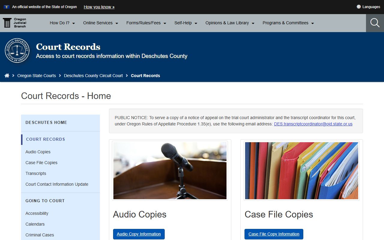 Deschutes County court records request page for civil cases
