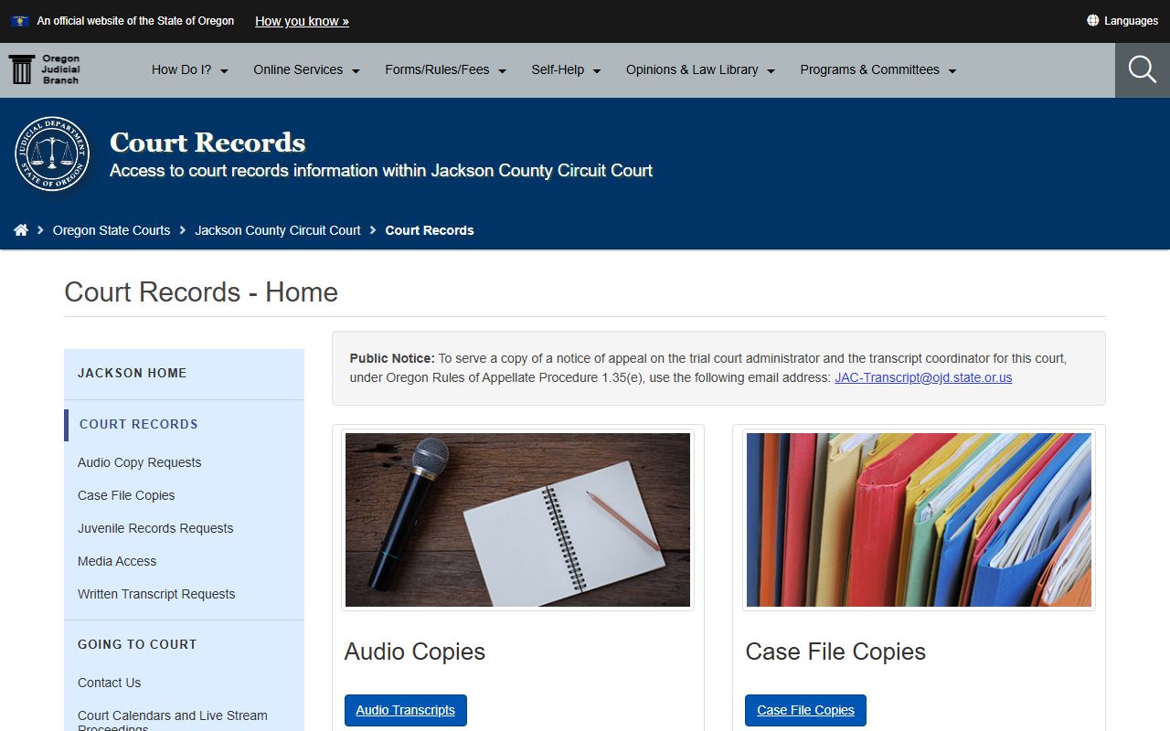 Jackson County court records page showing civil court records access options