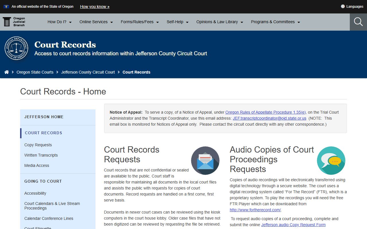 Jefferson County court records page for civil court records requests