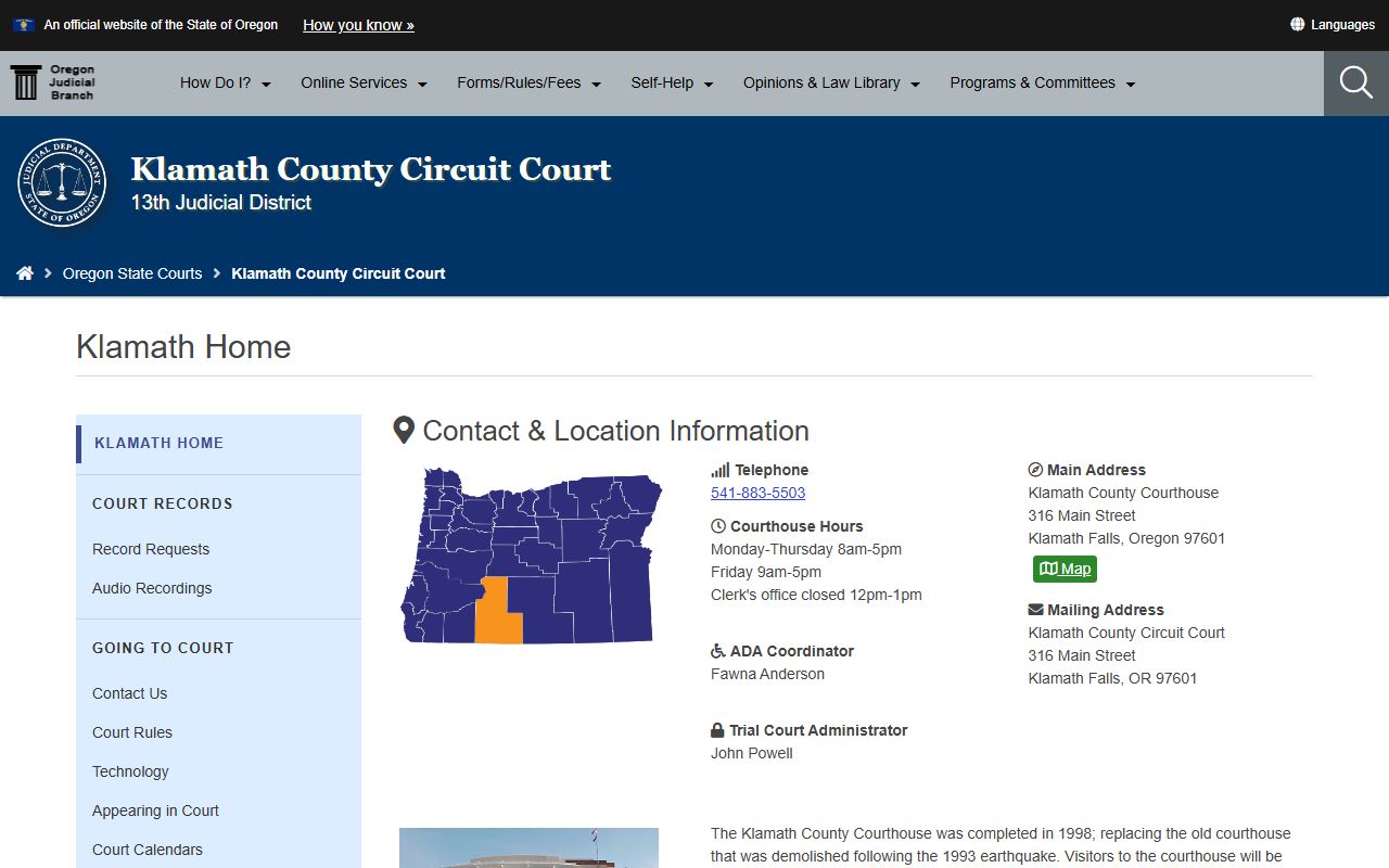 Klamath County Circuit Court page for civil court records