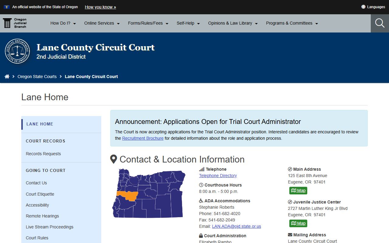 Lane County Circuit Court page for civil court records