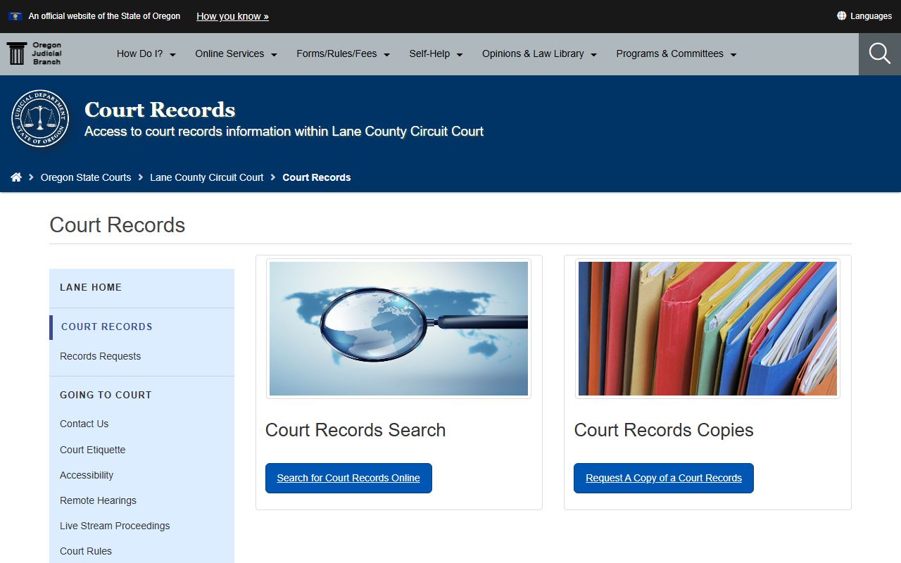 Lane County court records page for civil court records access