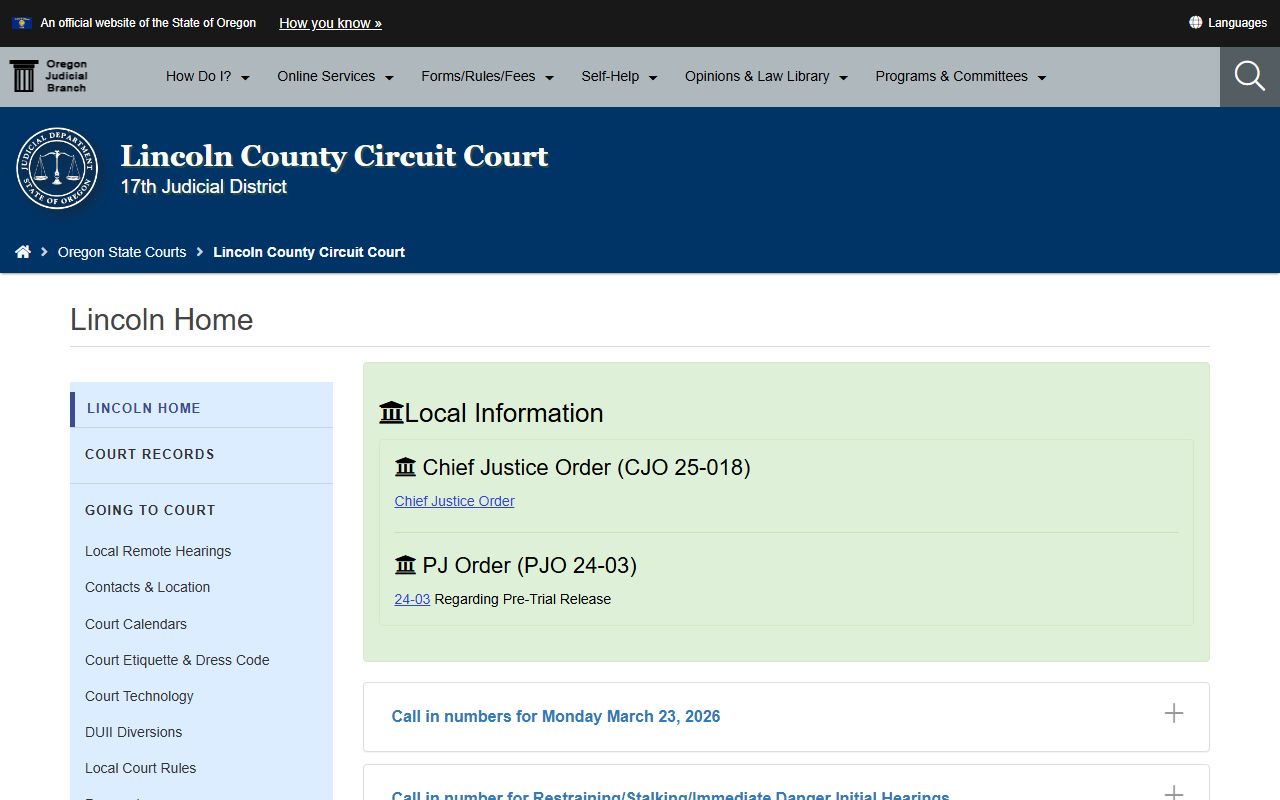 Lincoln County Circuit Court page for civil court records