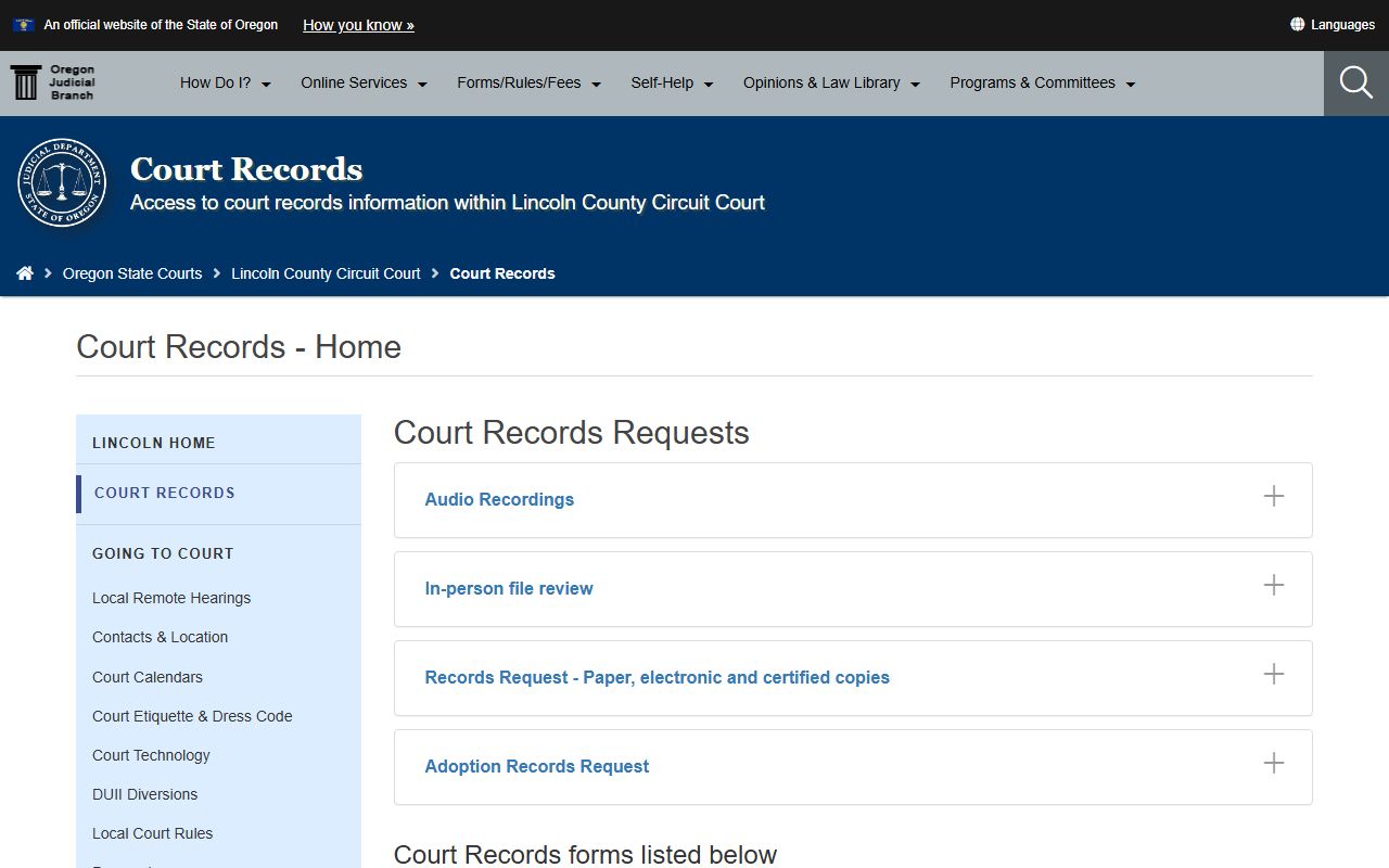 Lincoln County court records page for civil court records access