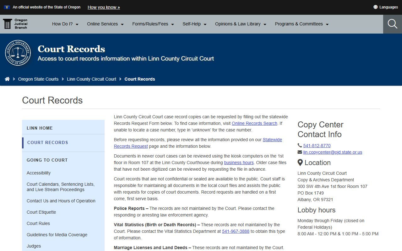Linn County court records page for civil court records access