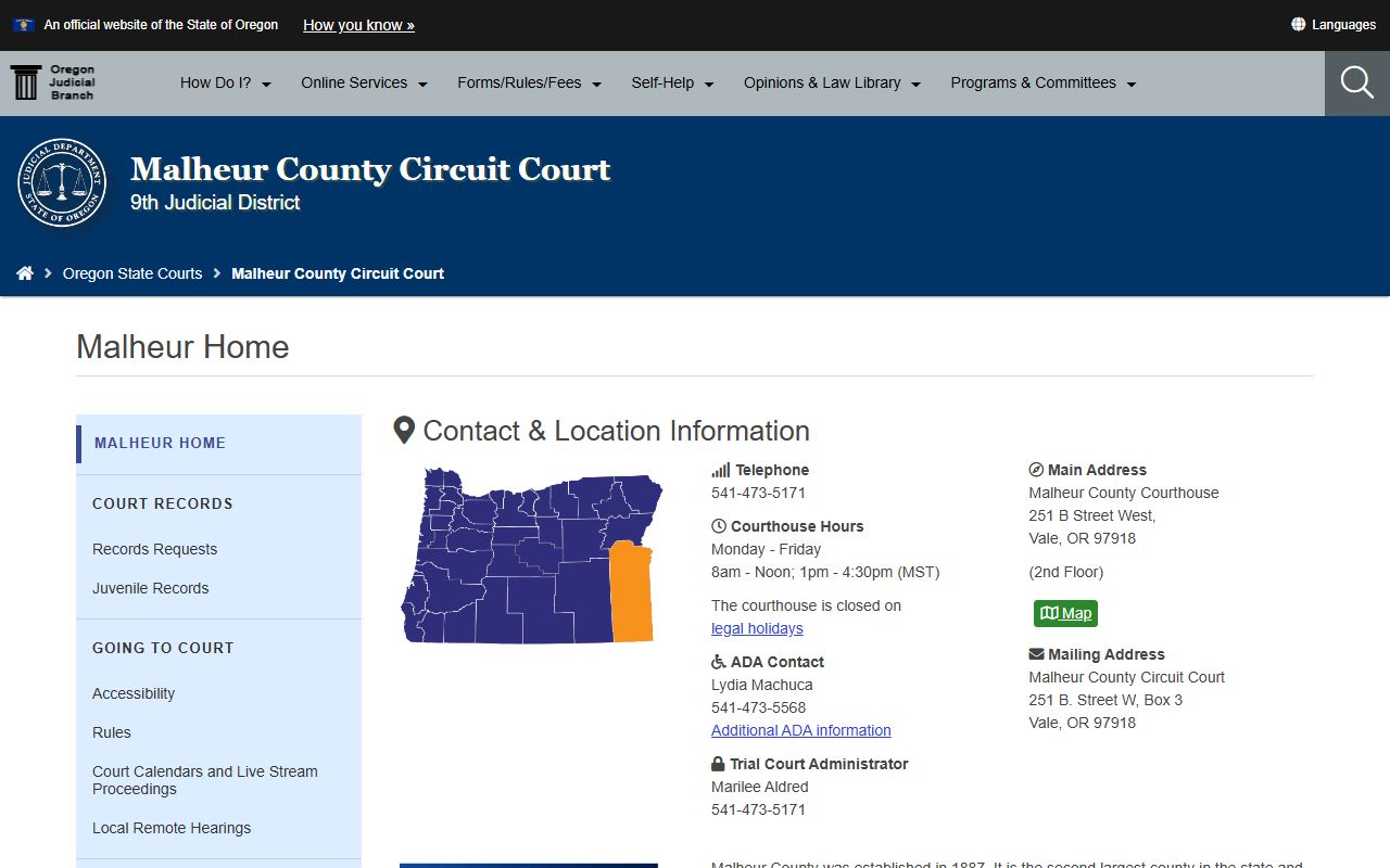 Malheur County Circuit Court page for civil court records