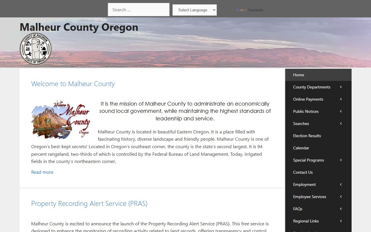 Malheur County official website for civil court records information