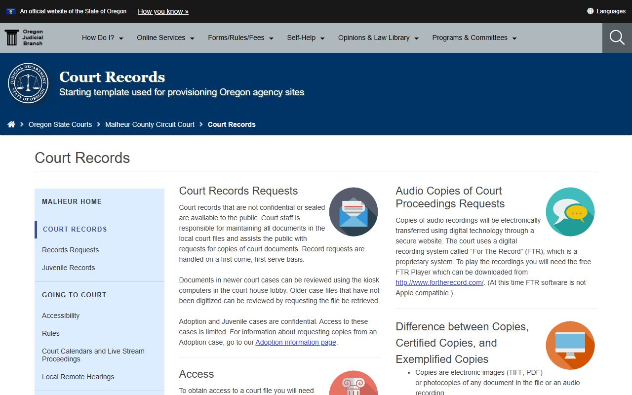 Malheur County court records page for civil court records