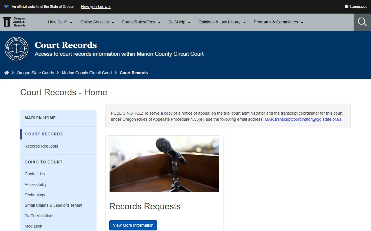 Marion County court records page for civil court records access