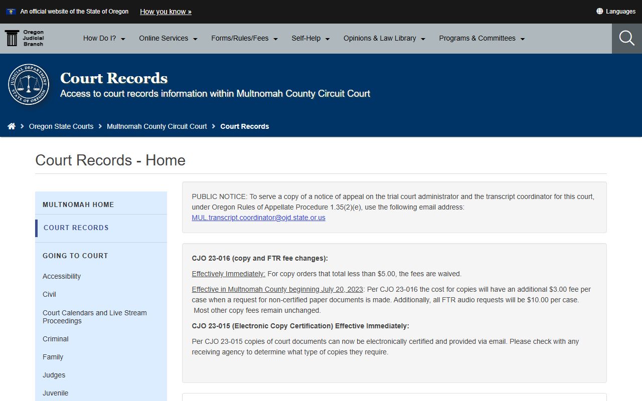 Multnomah County court records page for civil case access