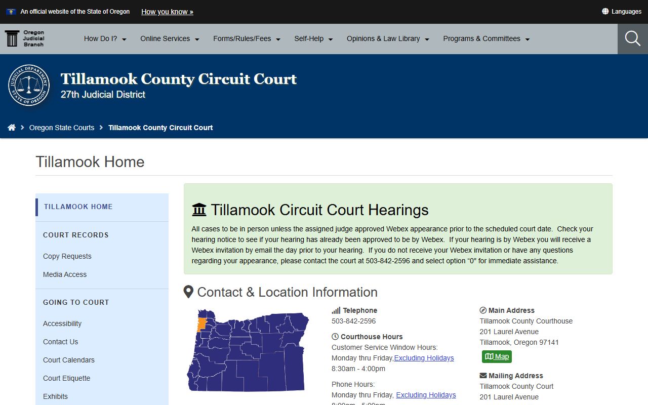 Tillamook County Circuit Court page for civil court records