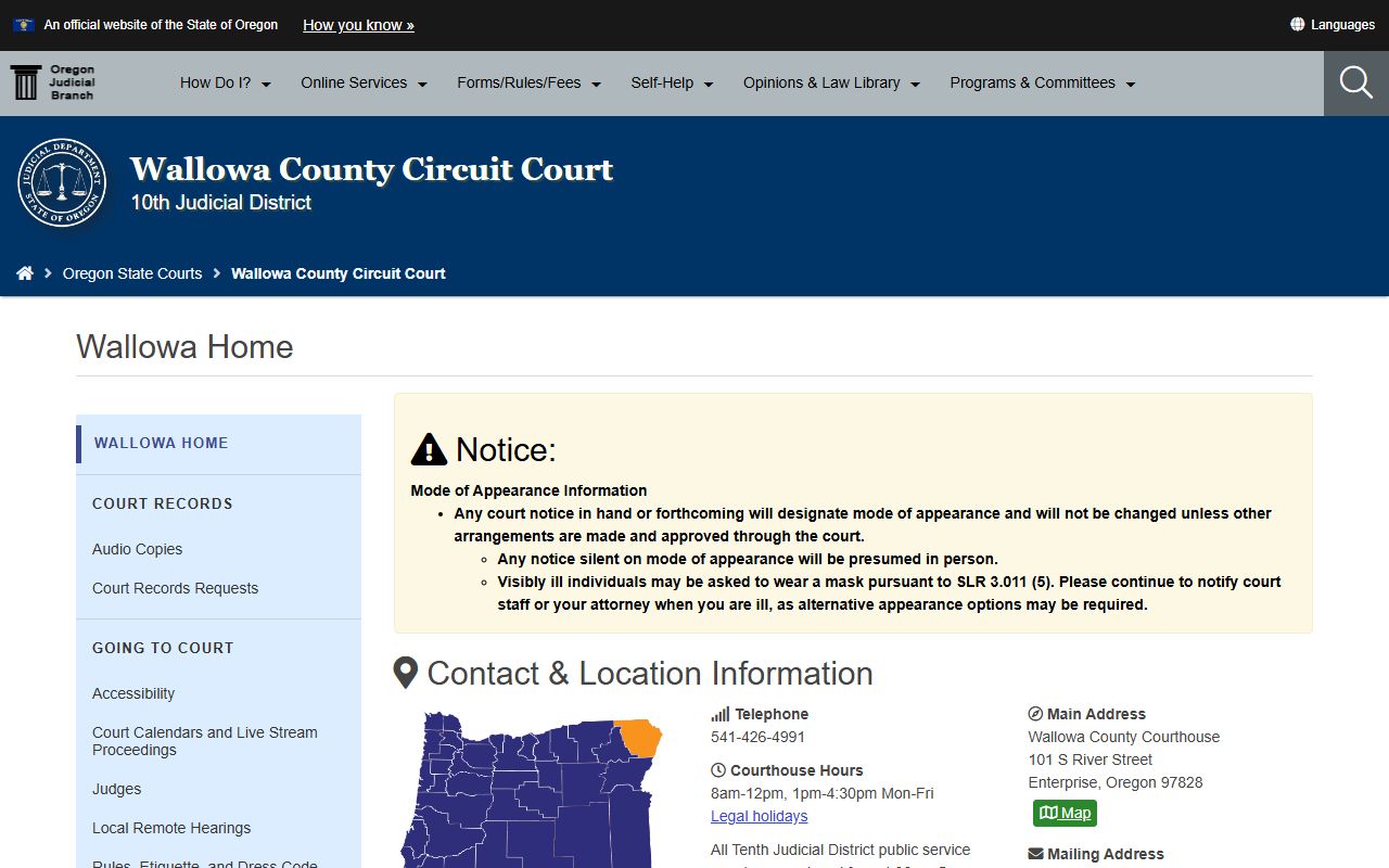 Wallowa County Circuit Court website for civil court records in Enterprise Oregon