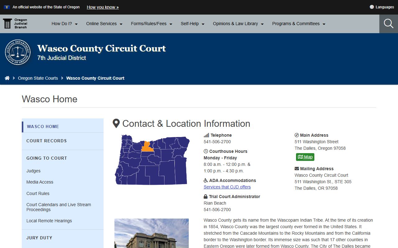 Wasco County Circuit Court website for civil court records in The Dalles Oregon