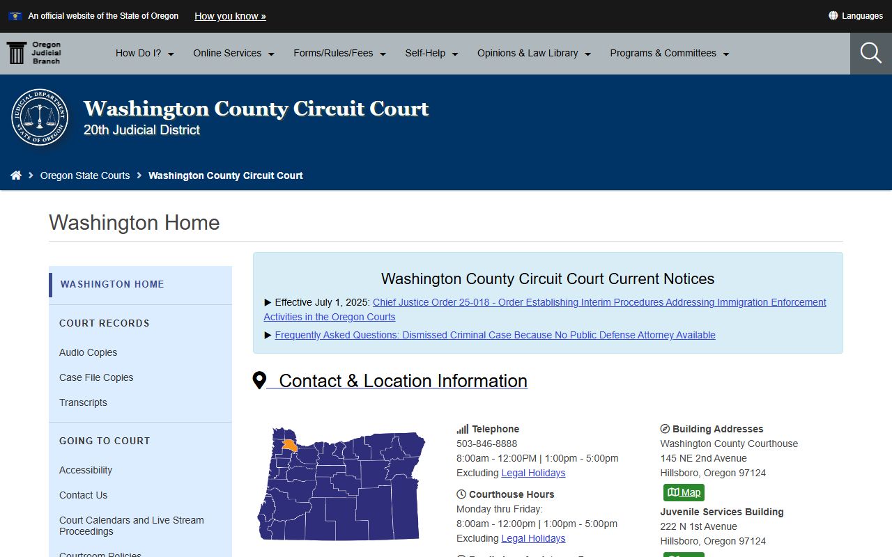 Washington County Circuit Court website for civil court records in Hillsboro Oregon