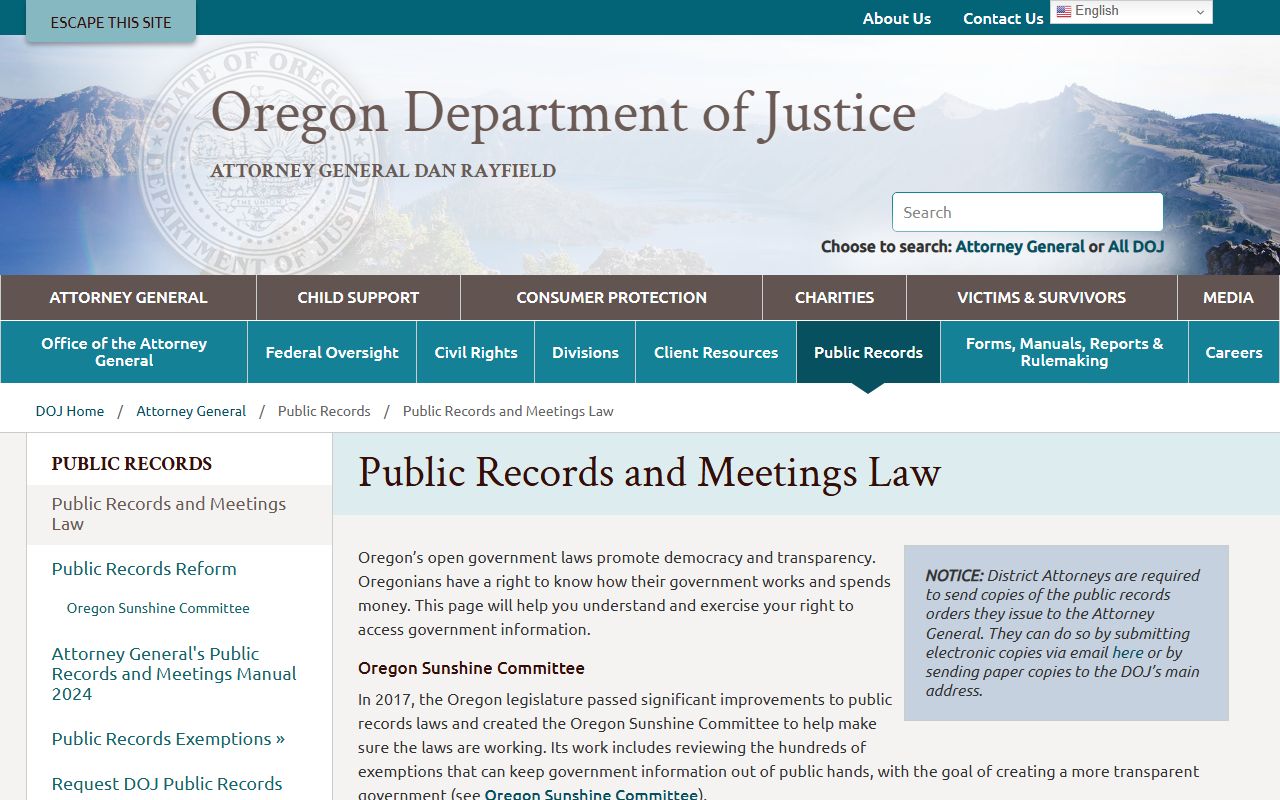 Oregon DOJ public records and meetings law page for civil court records