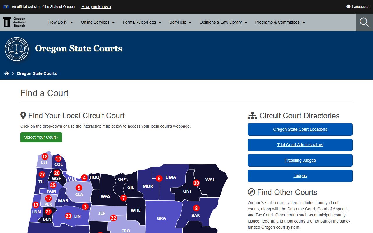 Oregon OJD find a court page for locating civil court records by county