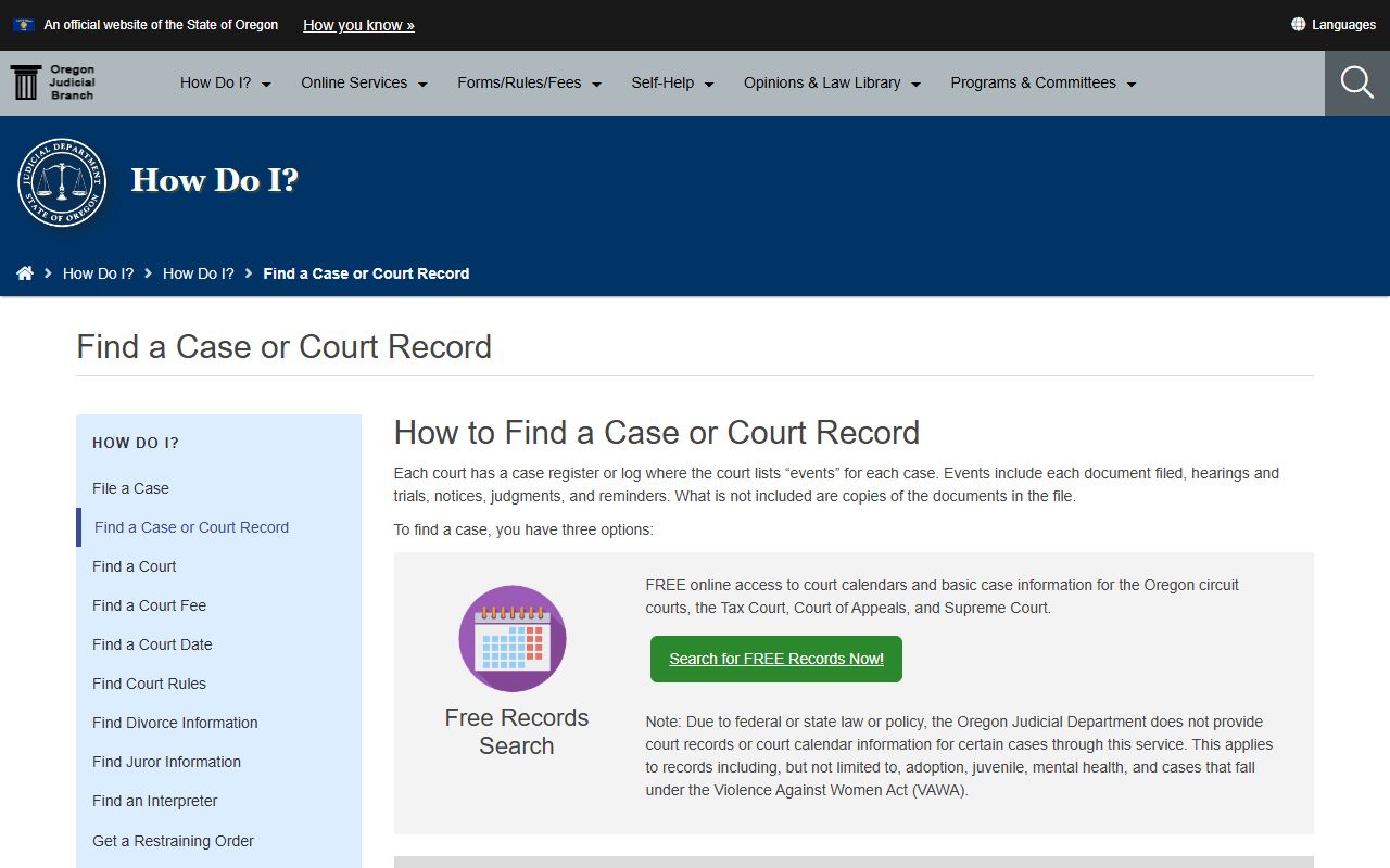 Oregon OJD page explaining how to find a case or civil court record