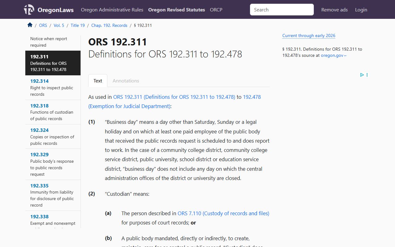 ORS 192.311 definitions for Oregon public records law covering civil court records