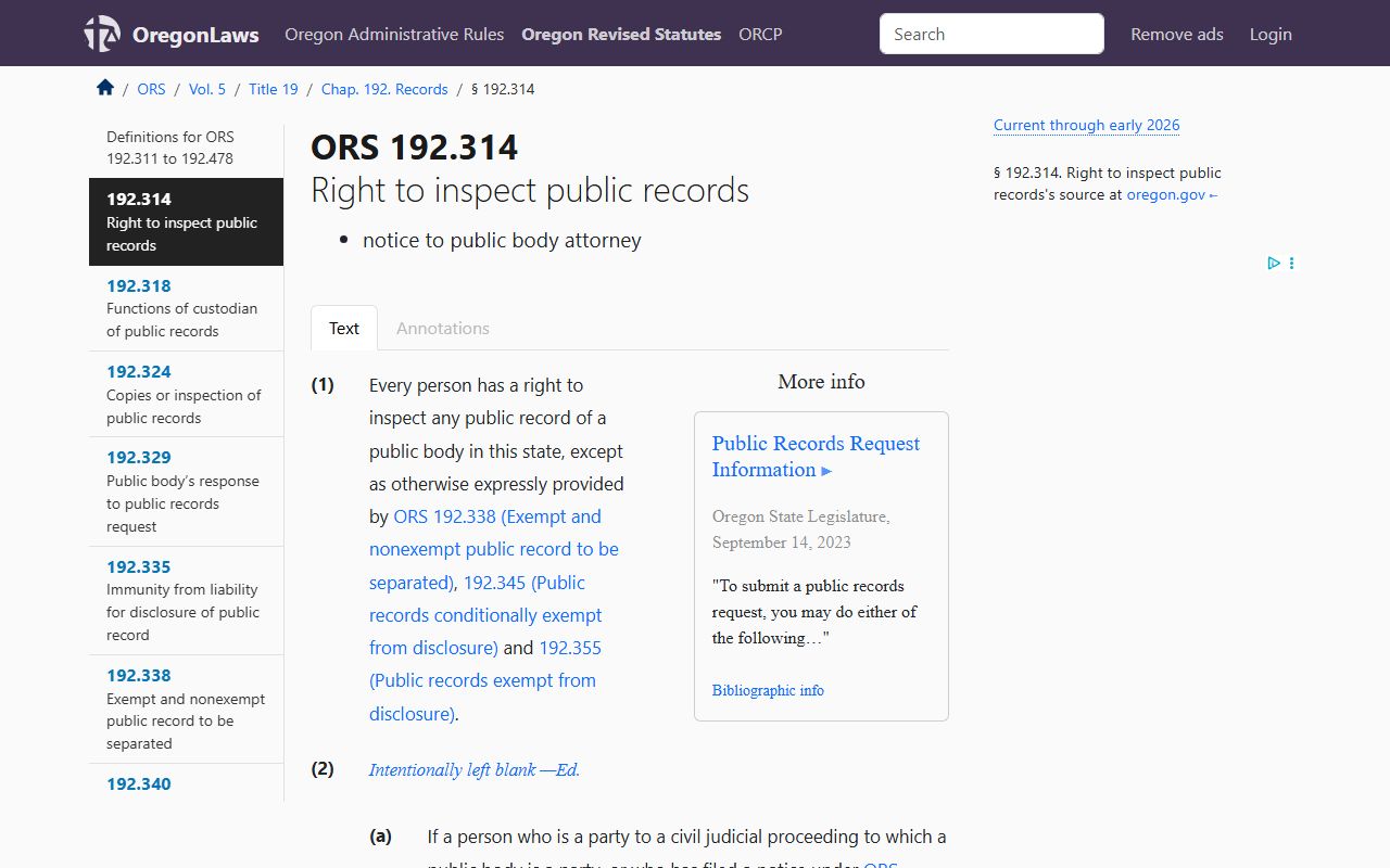 ORS 192.314 right to inspect Oregon civil court records