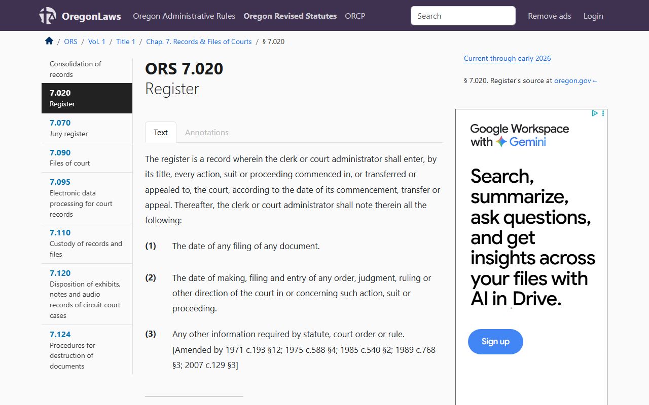 ORS 7.020 register statute for Oregon civil court records