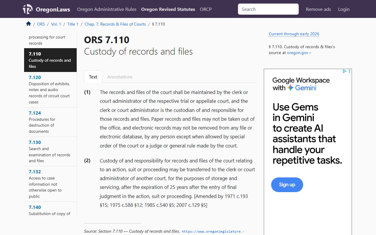 ORS 7.110 custody of records statute for Oregon civil court records