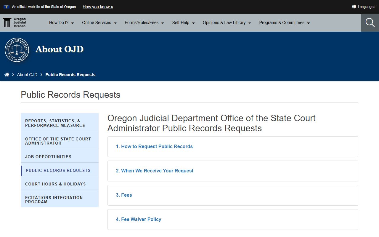 Oregon OJD public records request page for civil court records